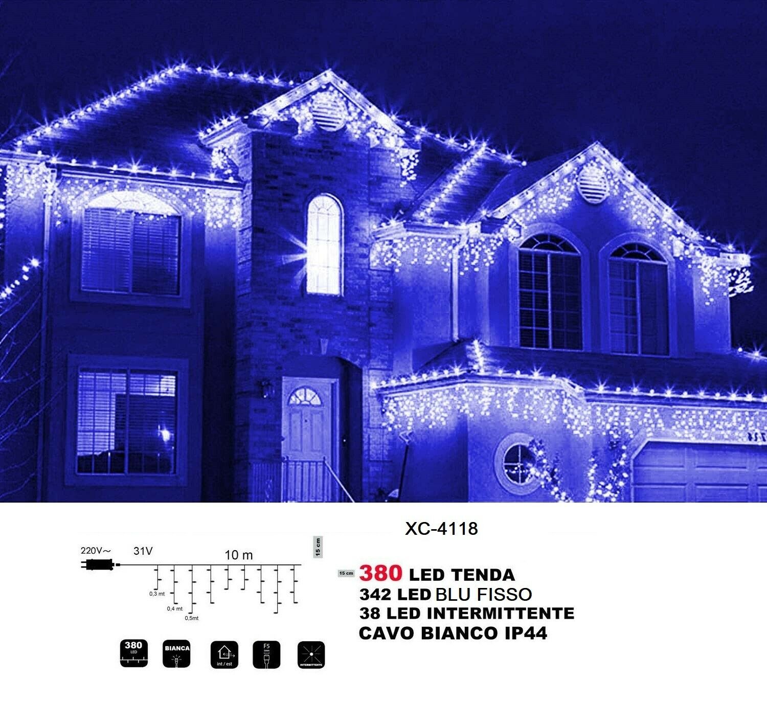 Tenda luminosa Luce Natale da esterno 380 led Blu e Bianco 10 MT  Prolungabili - - TENDE LUMINOSE