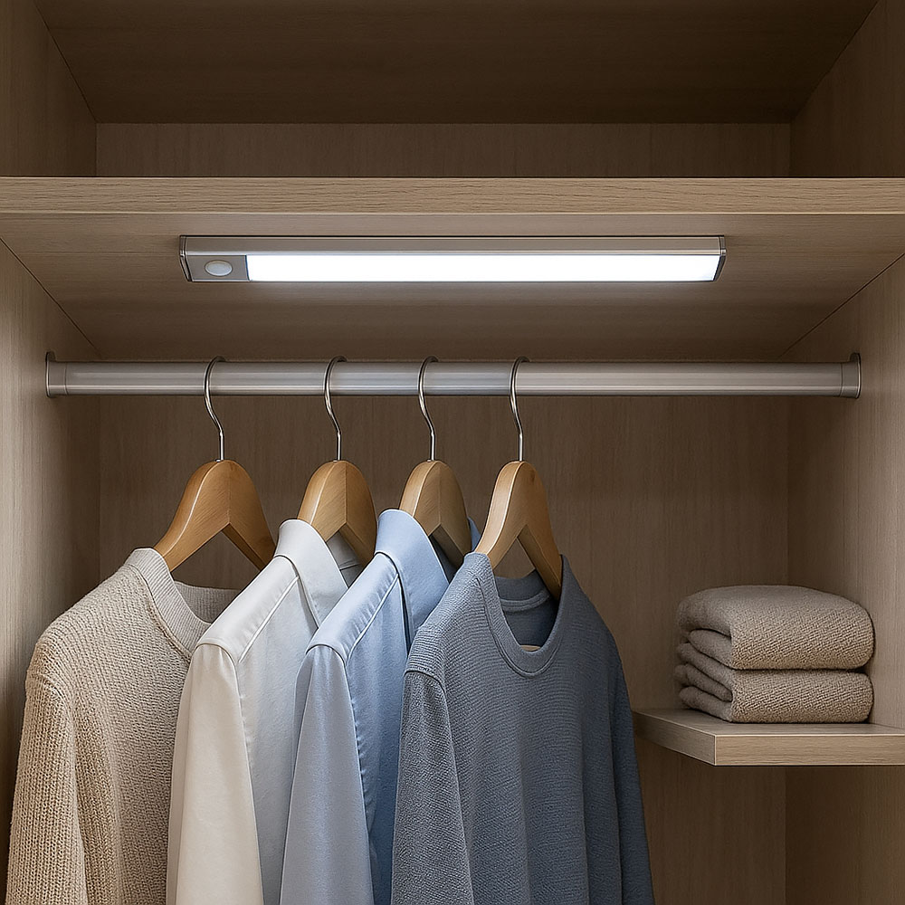 Barra LED Ricaricabile 2W con Sensore di Movimento Installata in Armadio Accesa Luce Fredda 6500K