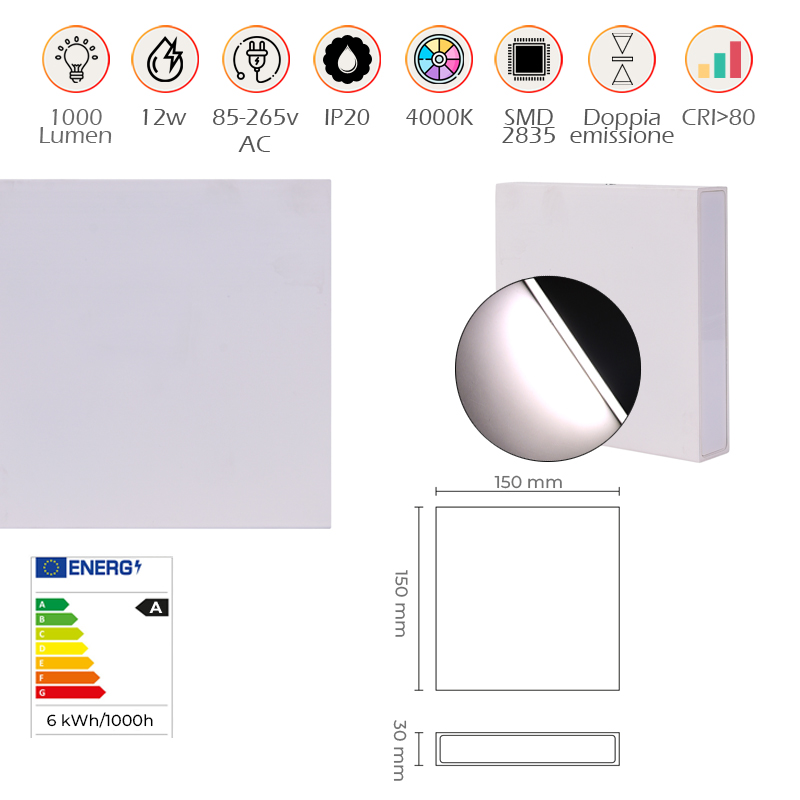Infografica Caratteristiche Tecniche Applique LED Slim 12W Luce Naturale IP20