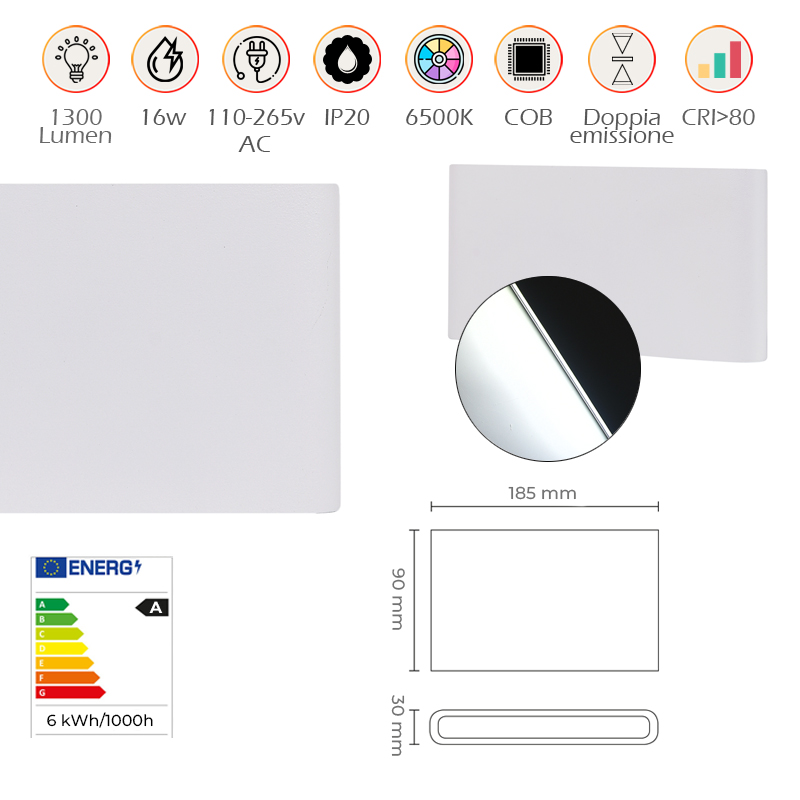 Applique LED Rettangolare Slim 16W Luce Fredda 6500K Design in Alluminio Bianco Infografica Applique LED a Parete da 16W Rettangolare Doppia Emissione Luce Bianca Fredda