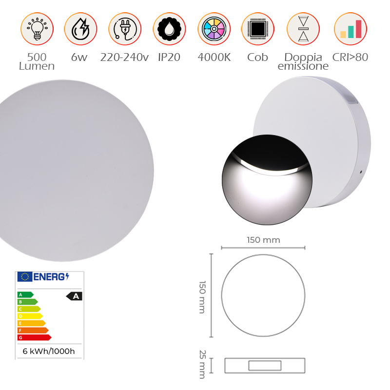 Applique LED Slim Tonda 6W 4000K Luce Naturale con Bi-Emissione Infografica Applique LED 6W Slim Tonda in Alluminio Bianco IP20 per Interni