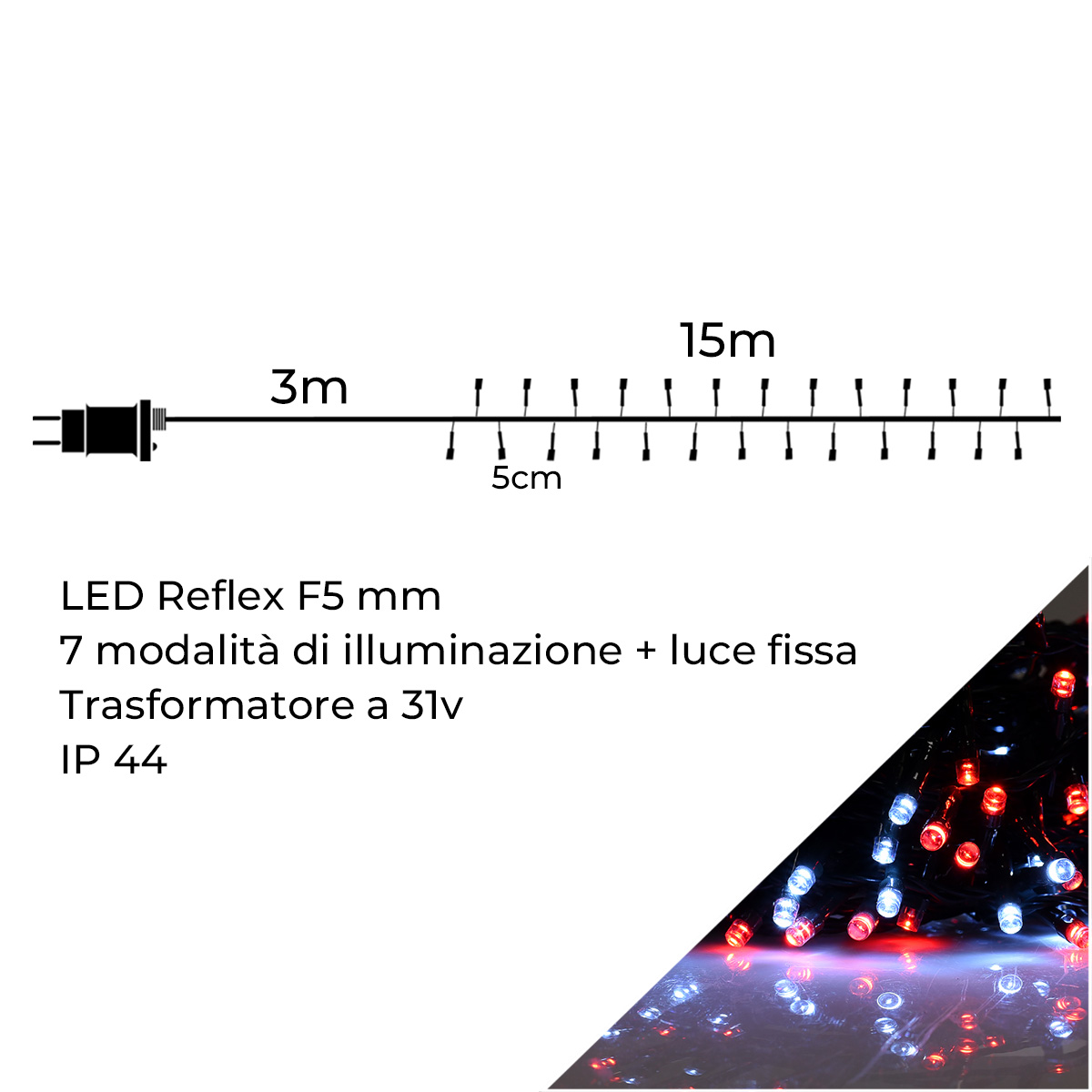 Infografica Catena 300 LED Bianchi e Rossi 15 Metri di Cavo Verde 31V IP44