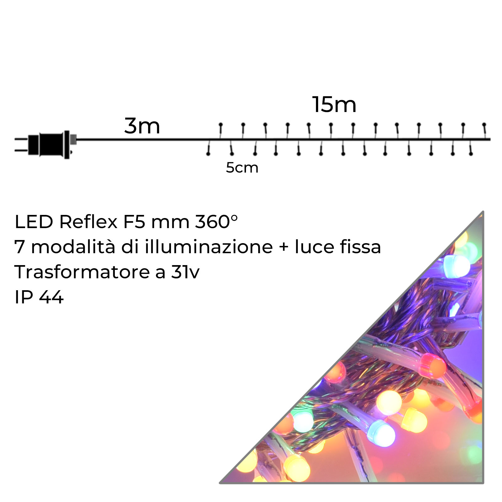 Catena Luminosa Natale Multicolore 300 LED Cavo Trasparente 15m IP44 Infografica Catena LED Tondo Luce Multicolore da 15 Metri con Cavo Trasparente per Interni ed Esterni