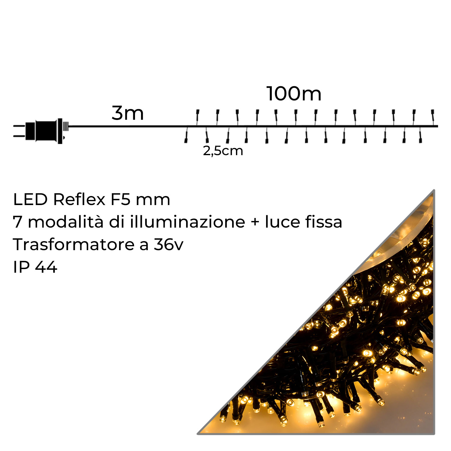 Infografica Caratteristiche Tecniche Catena 4000 LED Luce Calda da 100 Metri Cavo Verde