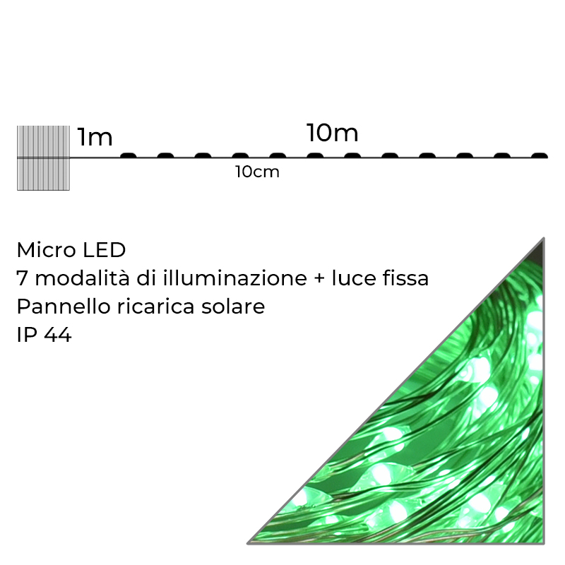 Infografica Catena Luminosa Energia Solare Luce Verde da 10 Metri Filo di Rame IP44