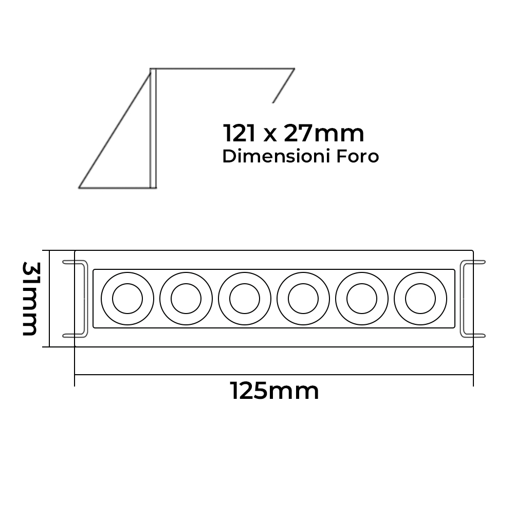 Faretto LED Rettangolare da Incasso 11W Nero Luce Naturale 4000K Controsoffitti Infografica Faretto 6 LED Dimensioni 125x31mm con Foro di Incasso da 121x27mm