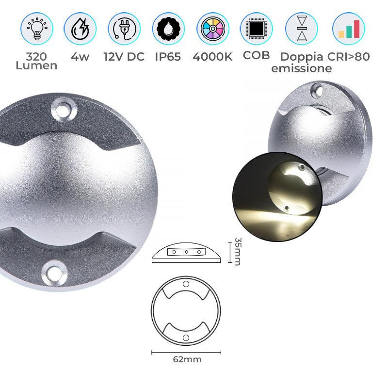 Faretto Segnapassi LED 4W 12V Luce Radente 4000K IP65 Calpestabile Infografica Faretto Segnapassi da Esterno IP65 Doppia Emissione Luce Naturale in Alluminio Calpestabile