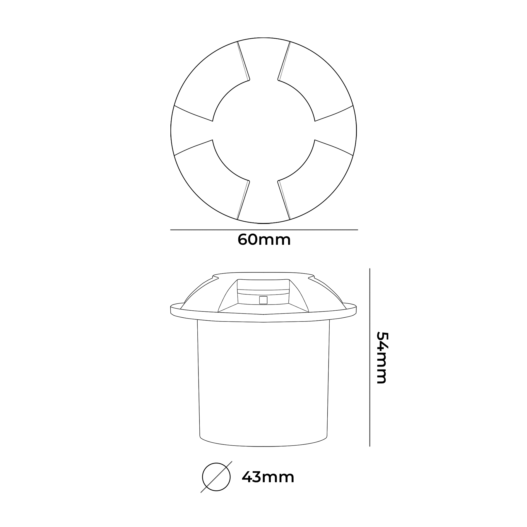Infografica Faretto LED Segnapasso 4 Emissioni di Luce Dimensioni 60x54mm Foro di Incasso 43mm