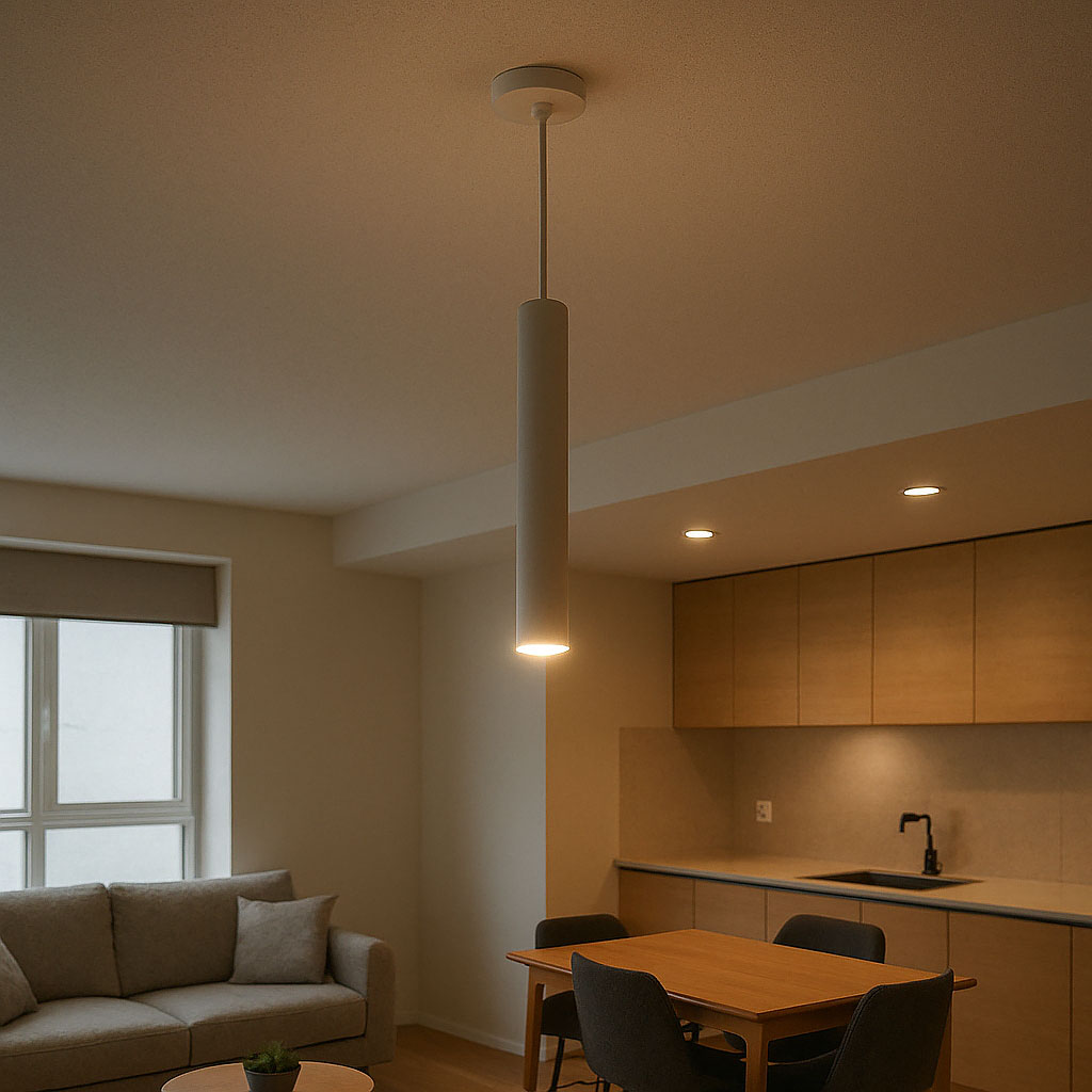 Lampadario a Sospensione Cilindrico con Attacco GU10 Installato a Soffitto in Appartamento Moderno