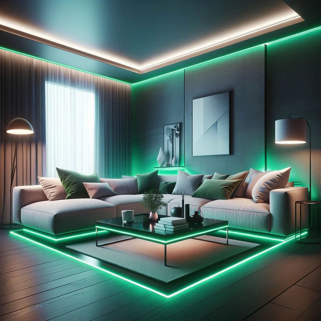 Salotto con Arredamento Moderno con Striscia LED BOB a Luce Verde