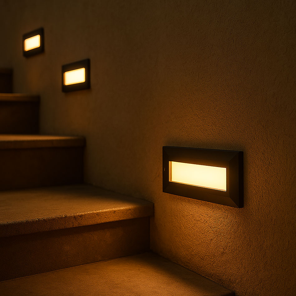 Segna Passi 5W Neri con CCT Switch Installati a Parete Accesi Luce Calda